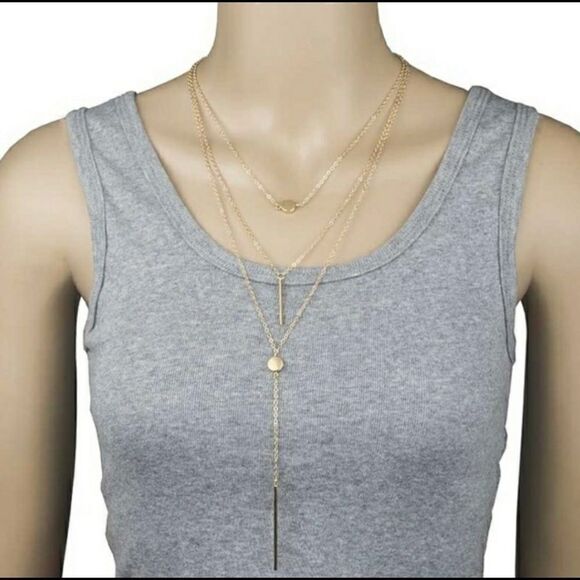 Gold Tone Triple Layered Coin Bar Necklace - Picture 7 of 7